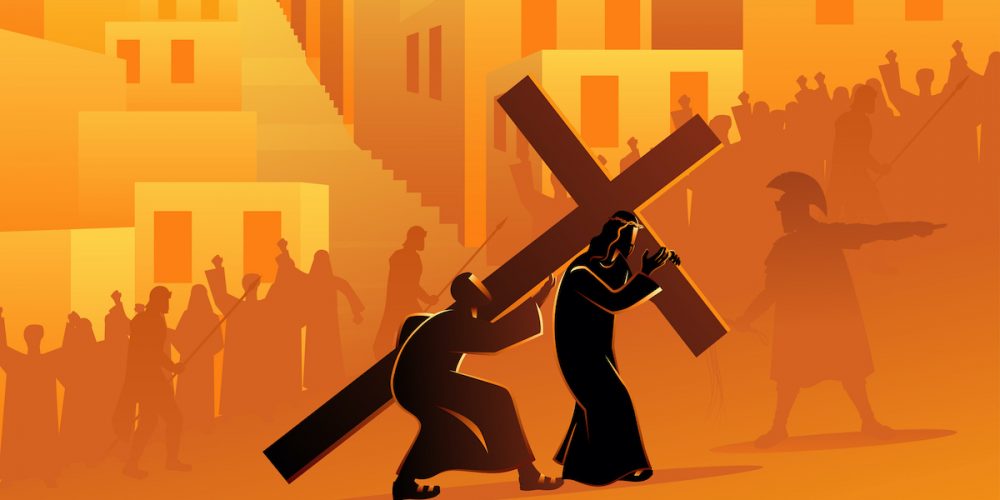 Biblical vector illustration series. Way of the Cross or Stations of the Cross, fifth station, Simon of Cyrene helps Jesus carry his cross. (Biblical vector illustration series. Way of the Cross or Stations of the Cross, fifth station, Simon of Cyrene